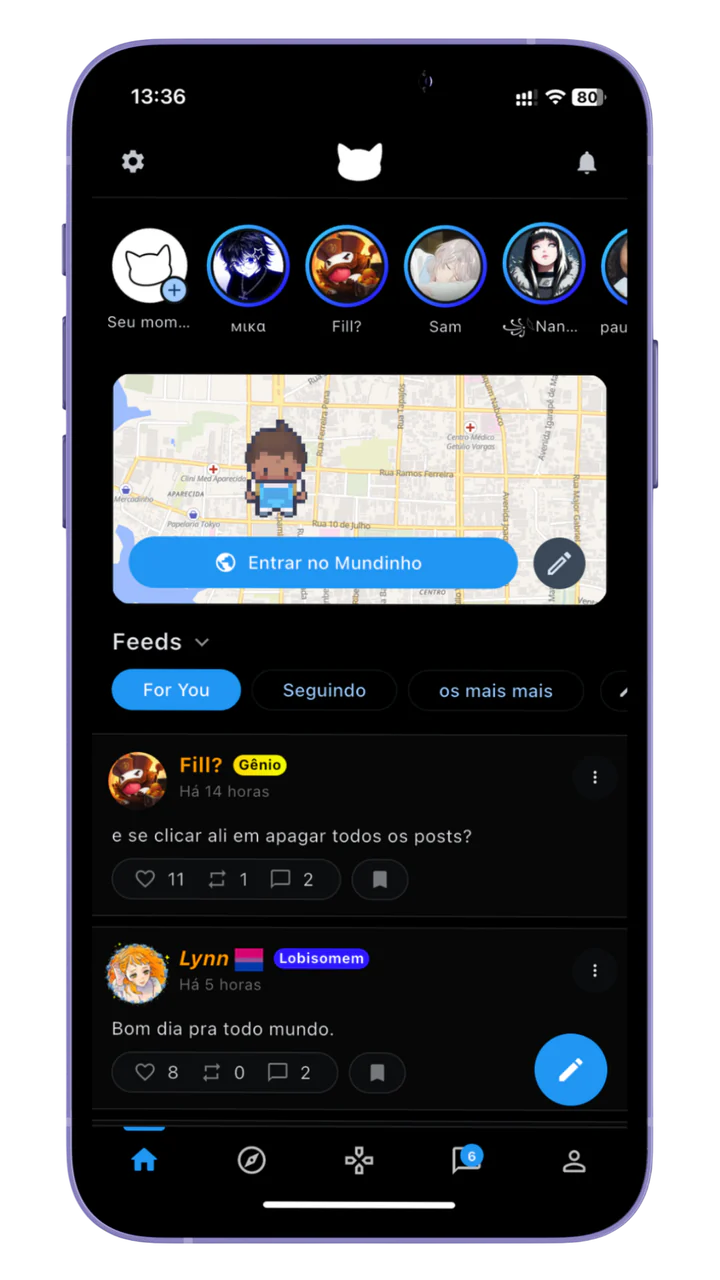 tela inicial da Miau com Momentos, acesso ao Mundinho e seletor de feeds com For You ativo